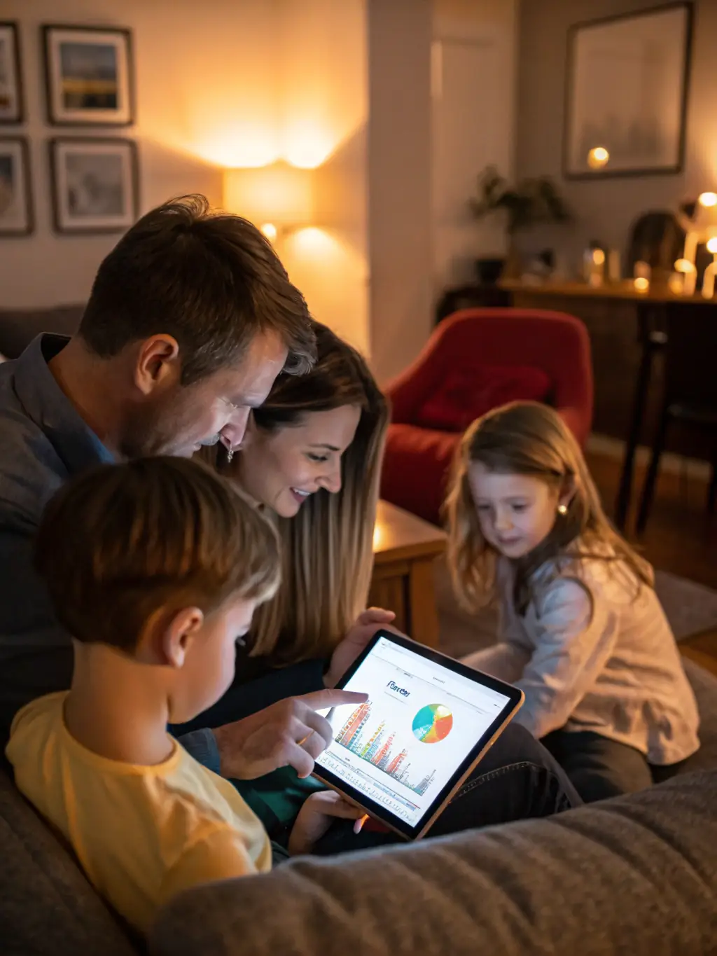 A family is shown planning their financial future together, using a tablet to view financial projections and investment options.