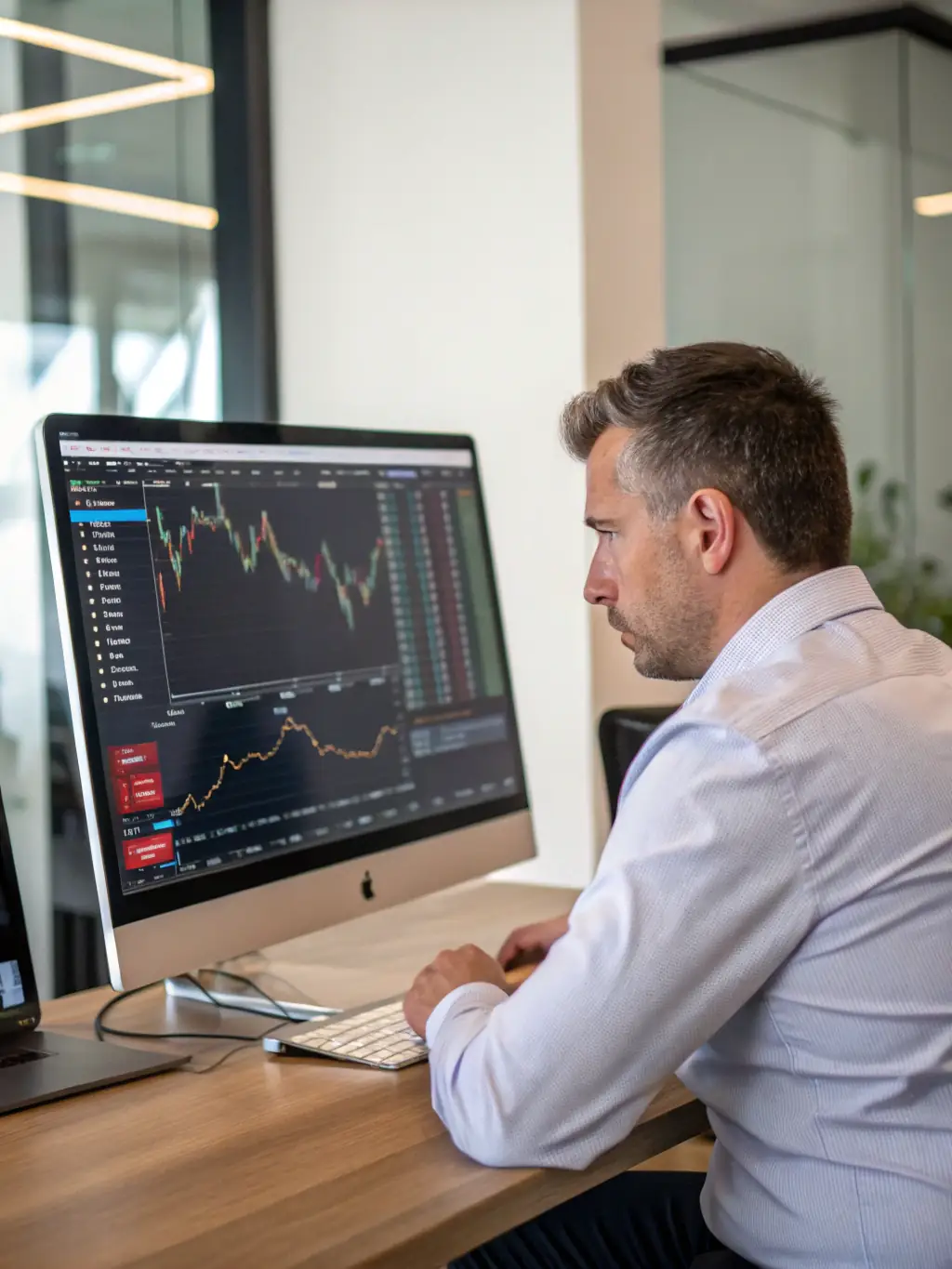 A professional financial advisor is shown analyzing a client's portfolio, with charts and graphs displayed on a monitor in the background, representing investment analysis.